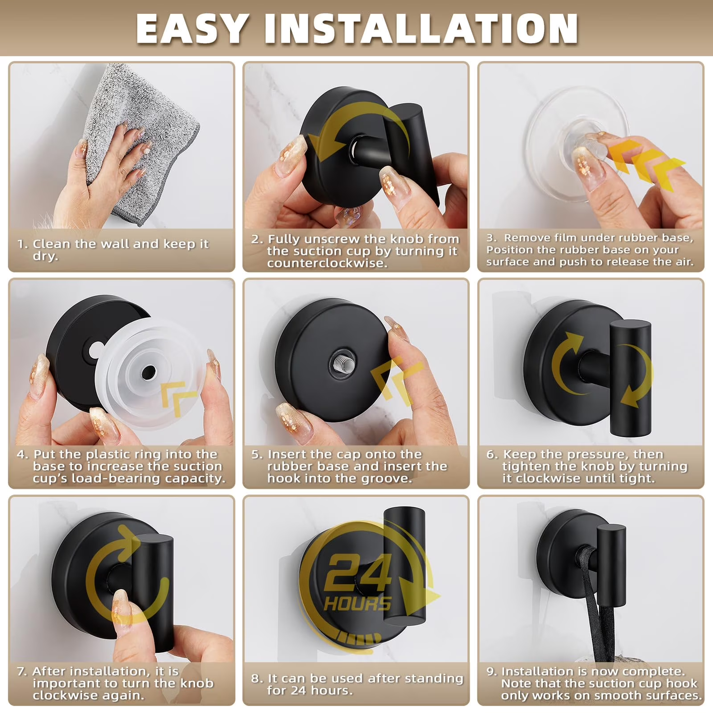 Suction Cup Hooks for Shower,Heavy Duty Shower Towel Suction Hooks,No Drill Wall Mounted Towel Hooks for Bathrooms Wall,Kitchen,Glass,Mirror,Tile to Hang Towels,Robes,Matte Black 4 Pack