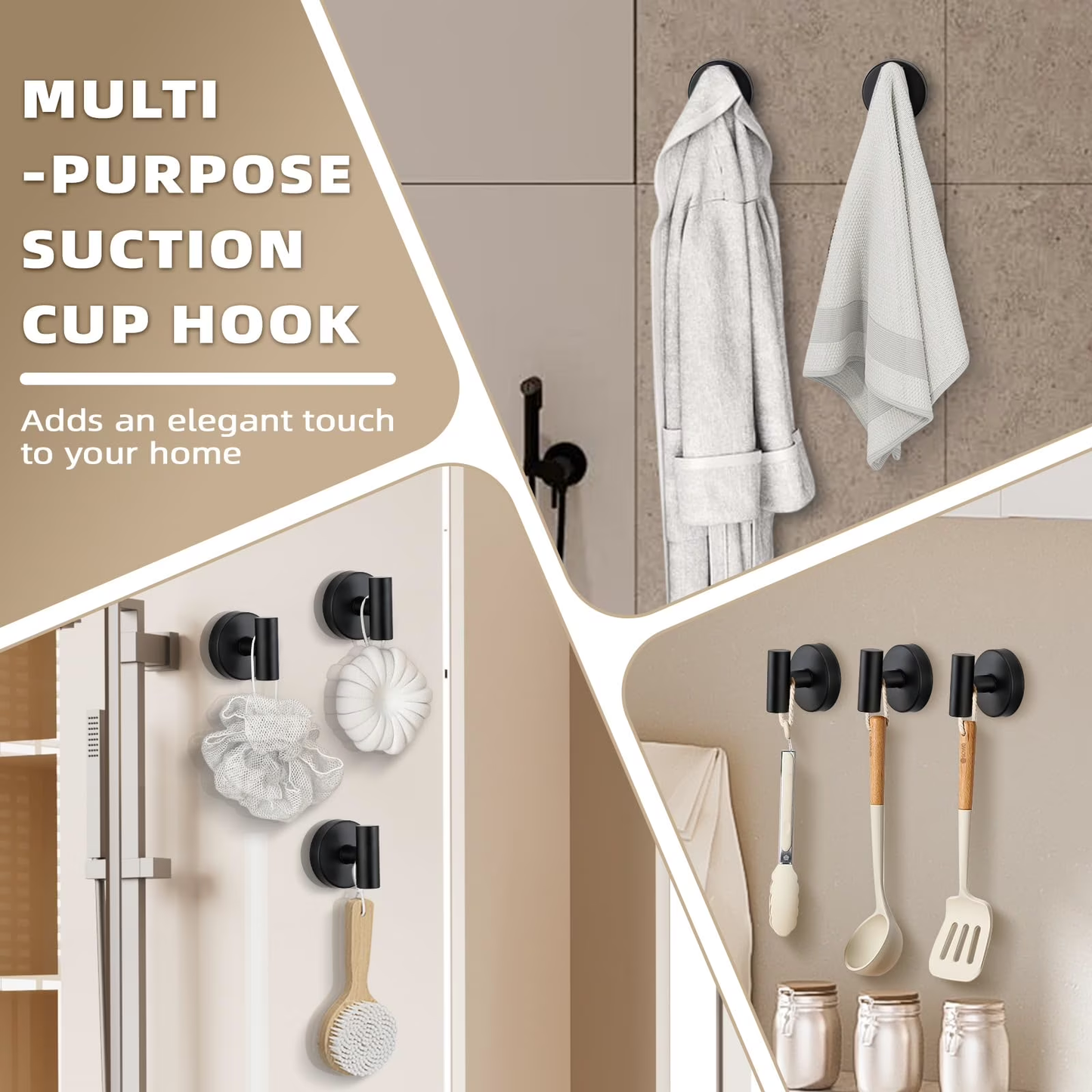 Suction Cup Hooks for Shower,Heavy Duty Shower Towel Suction Hooks,No Drill Wall Mounted Towel Hooks for Bathrooms Wall,Kitchen,Glass,Mirror,Tile to Hang Towels,Robes,Matte Black 4 Pack