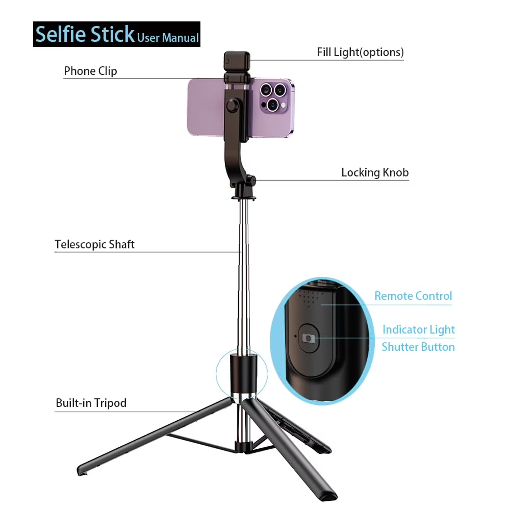 DJJD Selfie Stick for Phone, Extendable Travel Tripod with Detachable Remote for Photography, Selfies, Compatible with All Cell Phones, Black