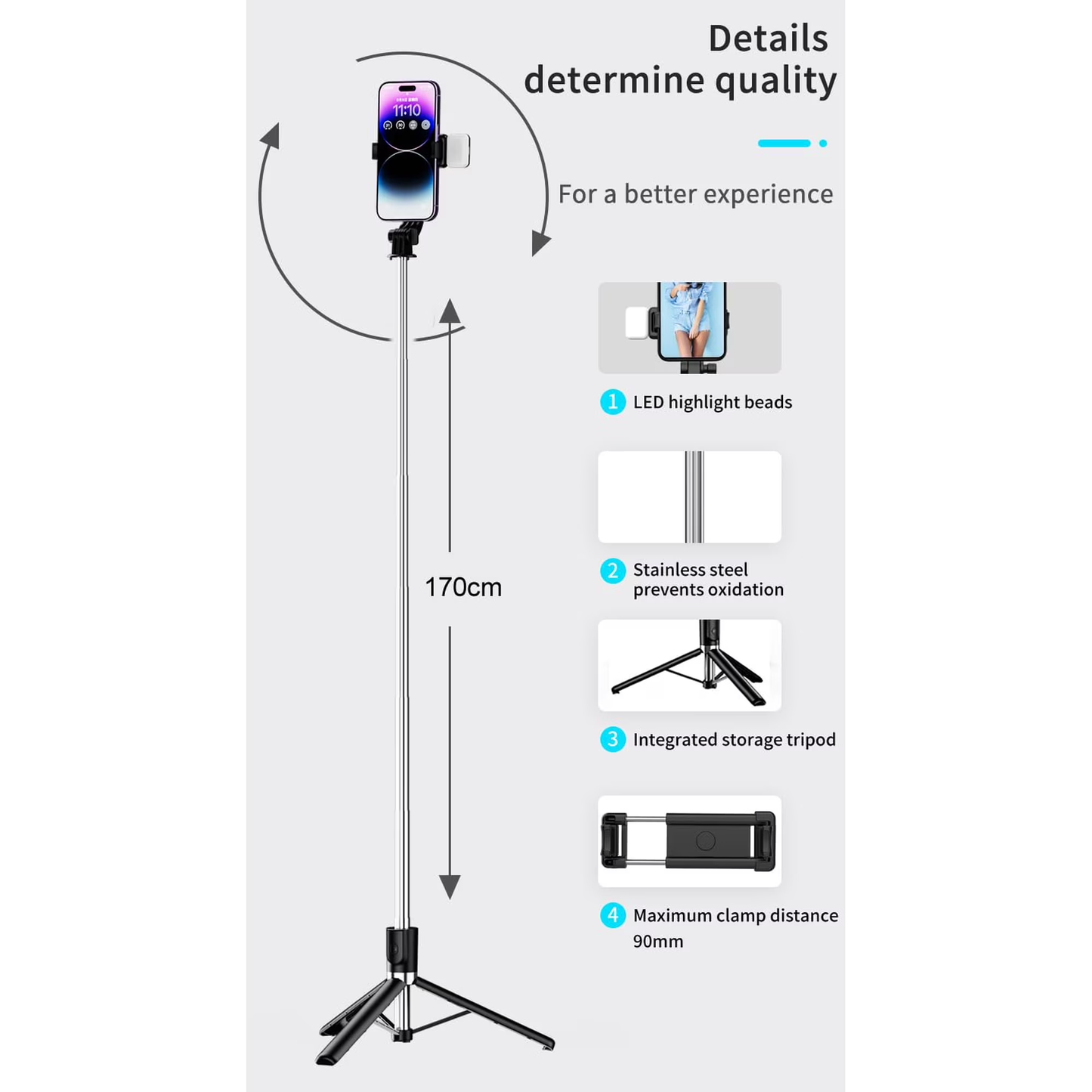 DJJD Selfie Stick for Phone, Extendable Travel Tripod with Detachable Remote for Photography, Selfies, Compatible with All Cell Phones, Black