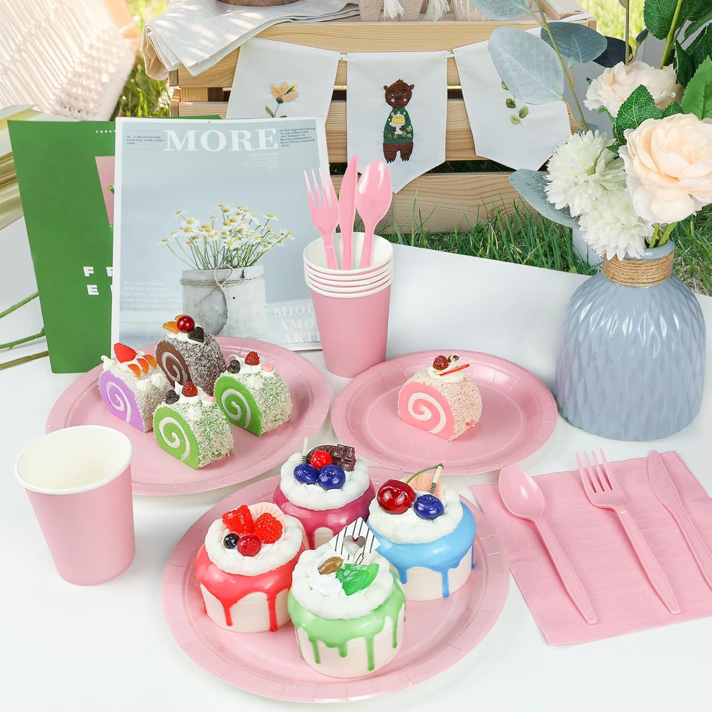 Yzhappy 175Pcs Disposable Party Supplies Includes Pink Paper Plates Cup Napkins Forks Spoons Knives, Dinnerware Set for Garden Party Birthday BBQ Baby Shower Wedding, Serve 25 Guests