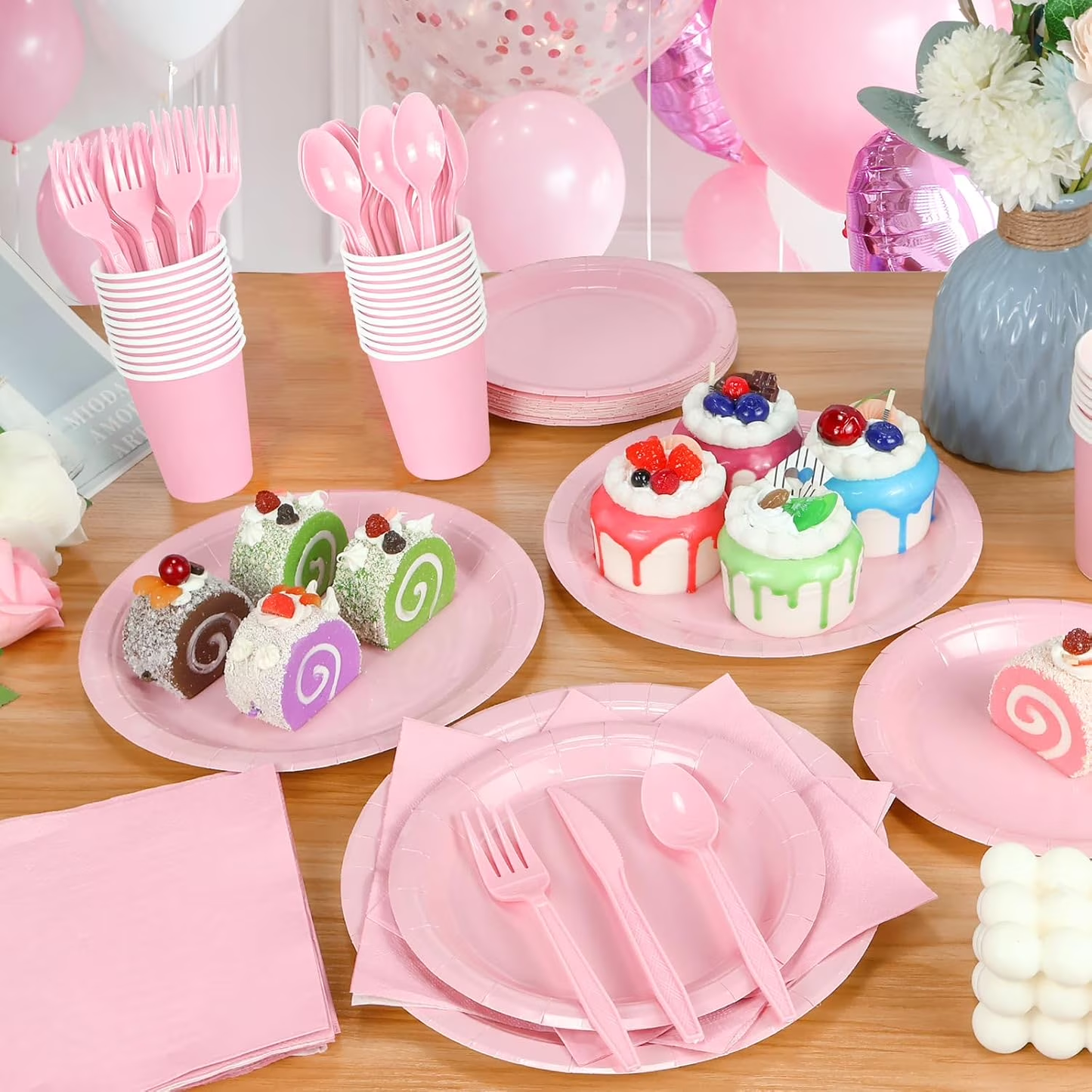 Yzhappy 175Pcs Disposable Party Supplies Includes Pink Paper Plates Cup Napkins Forks Spoons Knives, Dinnerware Set for Garden Party Birthday BBQ Baby Shower Wedding, Serve 25 Guests