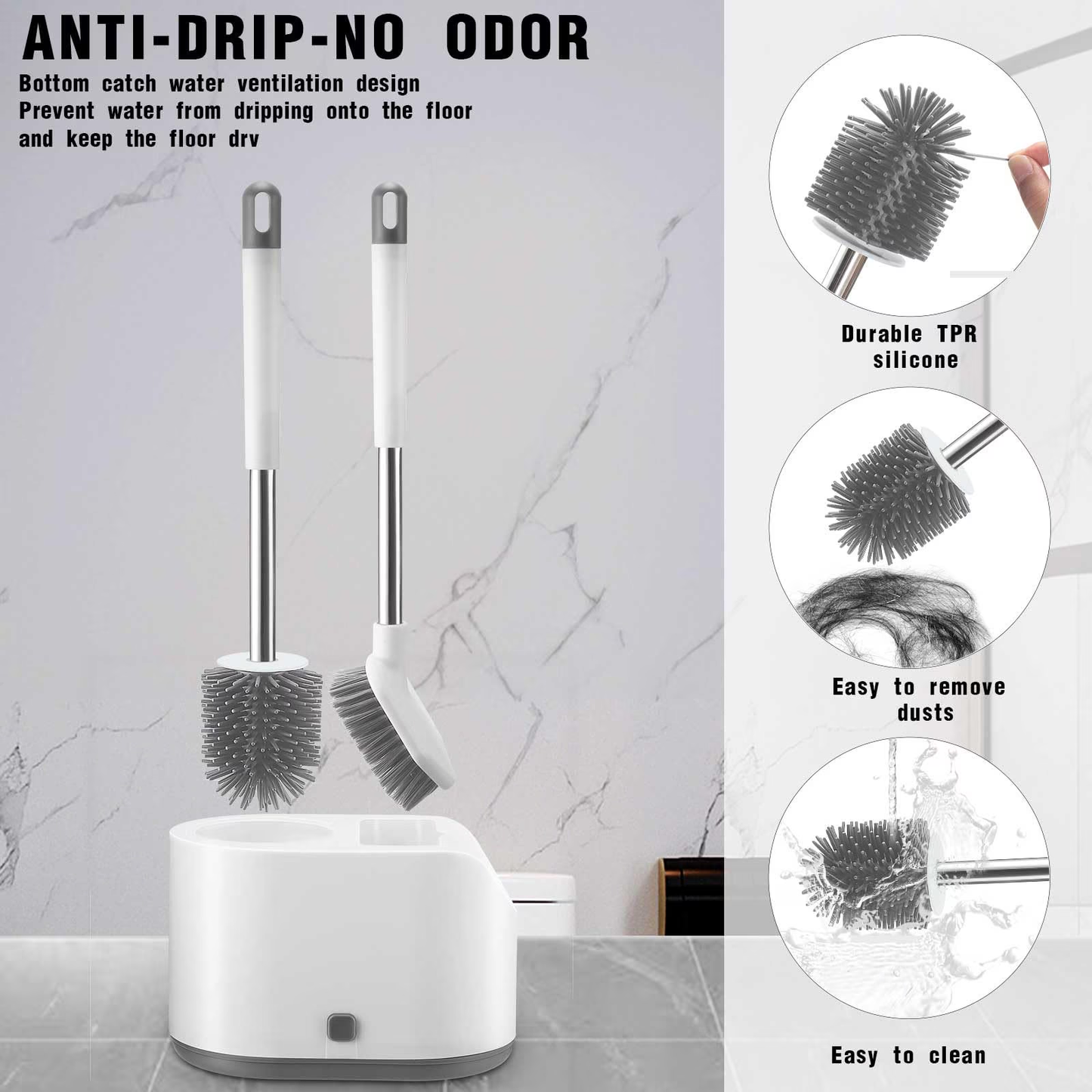 Zhue-Silicone Toilet Brush Set with Ventilated Holder, White