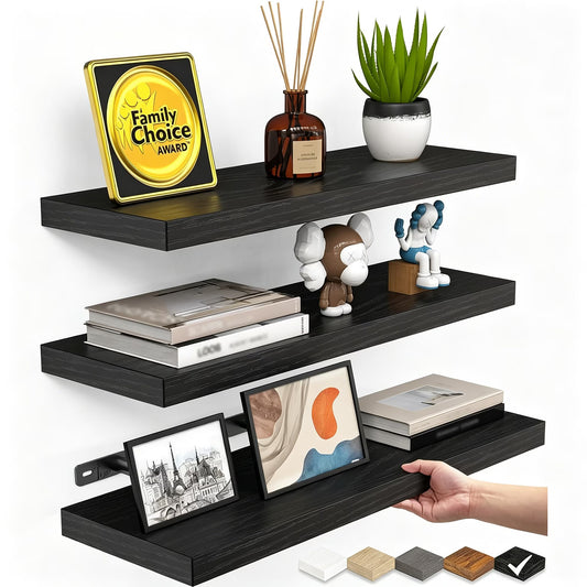 16 inch 3 Pack Wood Floating Shelves, Hanging Float Shelf for Bathroom, Bedroom, Living Room, Kitchen with 22lbs Capacity, Wall Mounted Decorative Shelves, 16 x 5.8 x0.6 Inch, Set of 3, Black