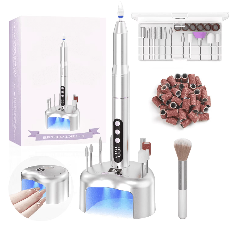 Cordless Electric Nail Drill File: 35000RPM Professional Nail Drill Machine with UV LED Nail Lamp Charging Base, Manicure Pedicure Kit E File for Acrylic Gel Dip Powder Polish Silver
