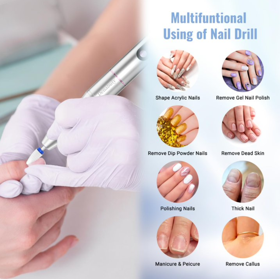 Cordless Electric Nail Drill File: 35000RPM Professional Nail Drill Machine with UV LED Nail Lamp Charging Base, Manicure Pedicure Kit E File for Acrylic Gel Dip Powder Polish Silver