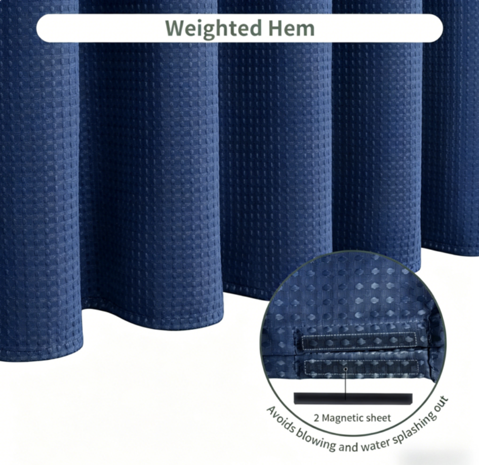 Waffle Textured Heavy Duty Thick Fabric Shower Curtains for Bathroom, 256GSM Luxury Weighted Polyester Cloth Bath Curtain Set with 12 Plastic Hooks，72Wx72H,Blue