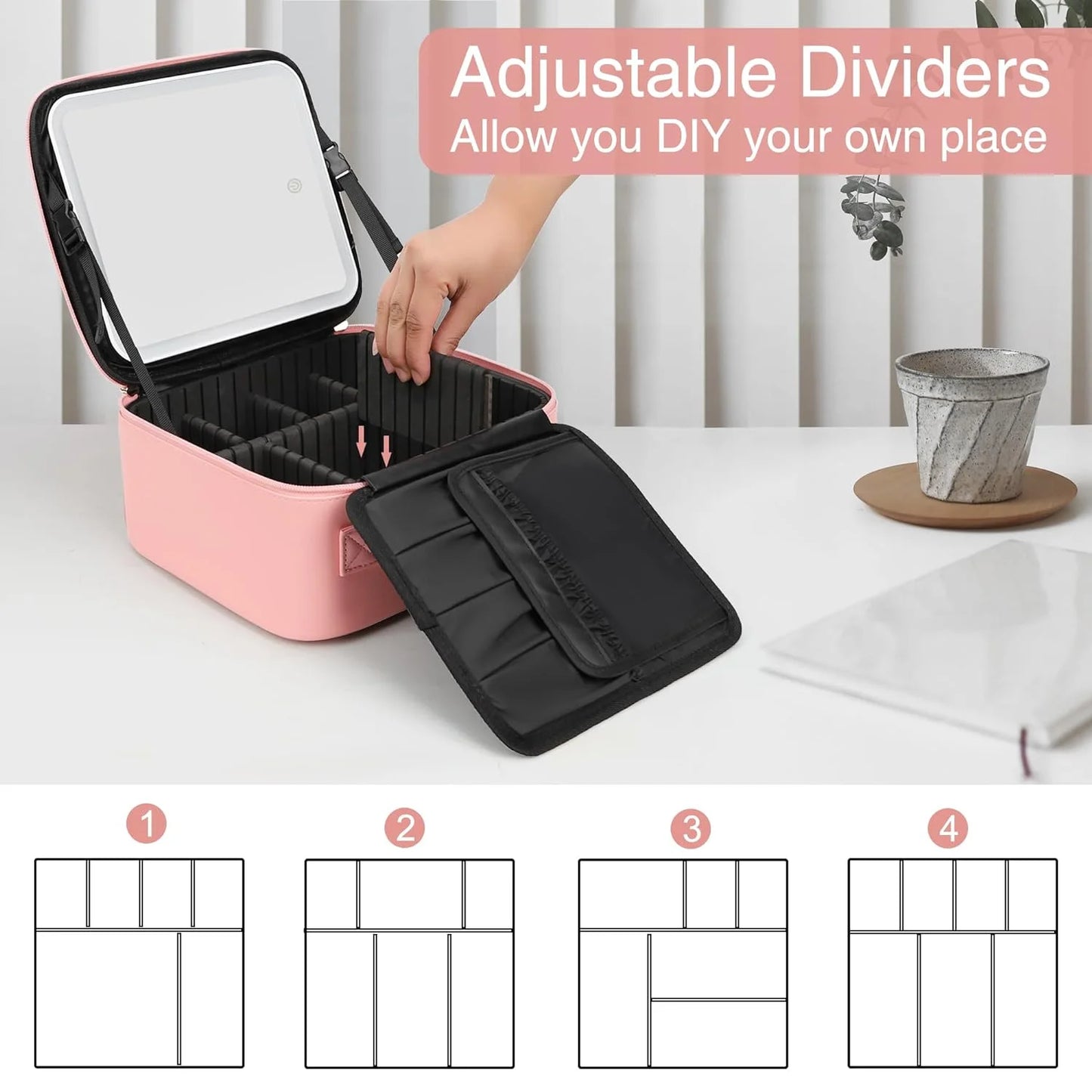 Yzhappy Travel Makeup Bag With LED Mirror, Cosmetic Train Case with Light up Mirror, Portable Makeup Artist Organizer Bag with Adjustable Dividers, Makeup Brush Holder Storage, Pink