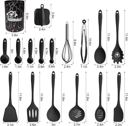 18PCS Silicone Cooking Utensils Set - 446°F Heat Resistant Kitchen Utensils,Turner Tongs,Spatula,Spoon,Brush,Whisk,Kitchen Utensil Gadgets Tools Set for Nonstick Cookware,Dishwasher Safe - Black