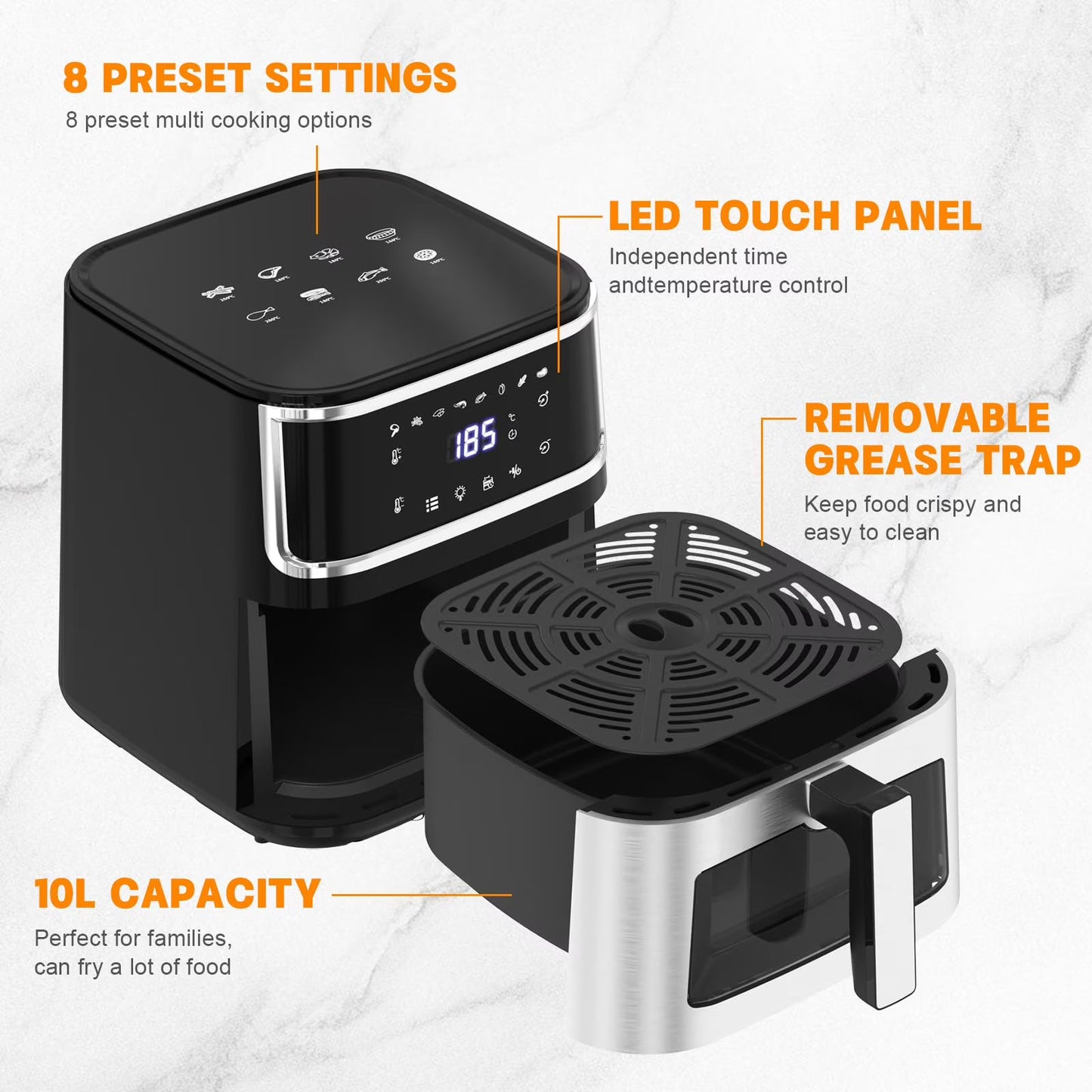 Yilush Multifunctional Digital Air Fryer+ Rotisserie, Dehydrator, Convection Oven, 17 Touch Screen Presets Fry, Roast, Dehydrate, Bake, XL 10L Family Size, Auto Shutoff, Large Easy-View Window, Black