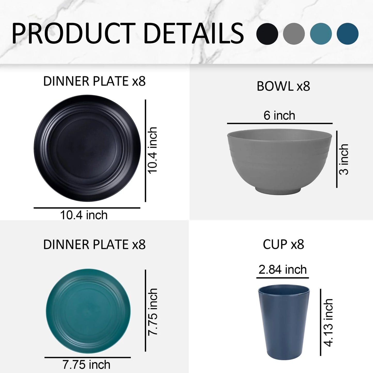 LVL Wheat Straw Dinnerware, Microwave Dishwasher Safe, Unbreakable Light Weight Plates Service For 8, Reusable Tableware Set, Multicolor Set 16pcs Plates, 8pcs Bowls, 8pcs Cups- Black