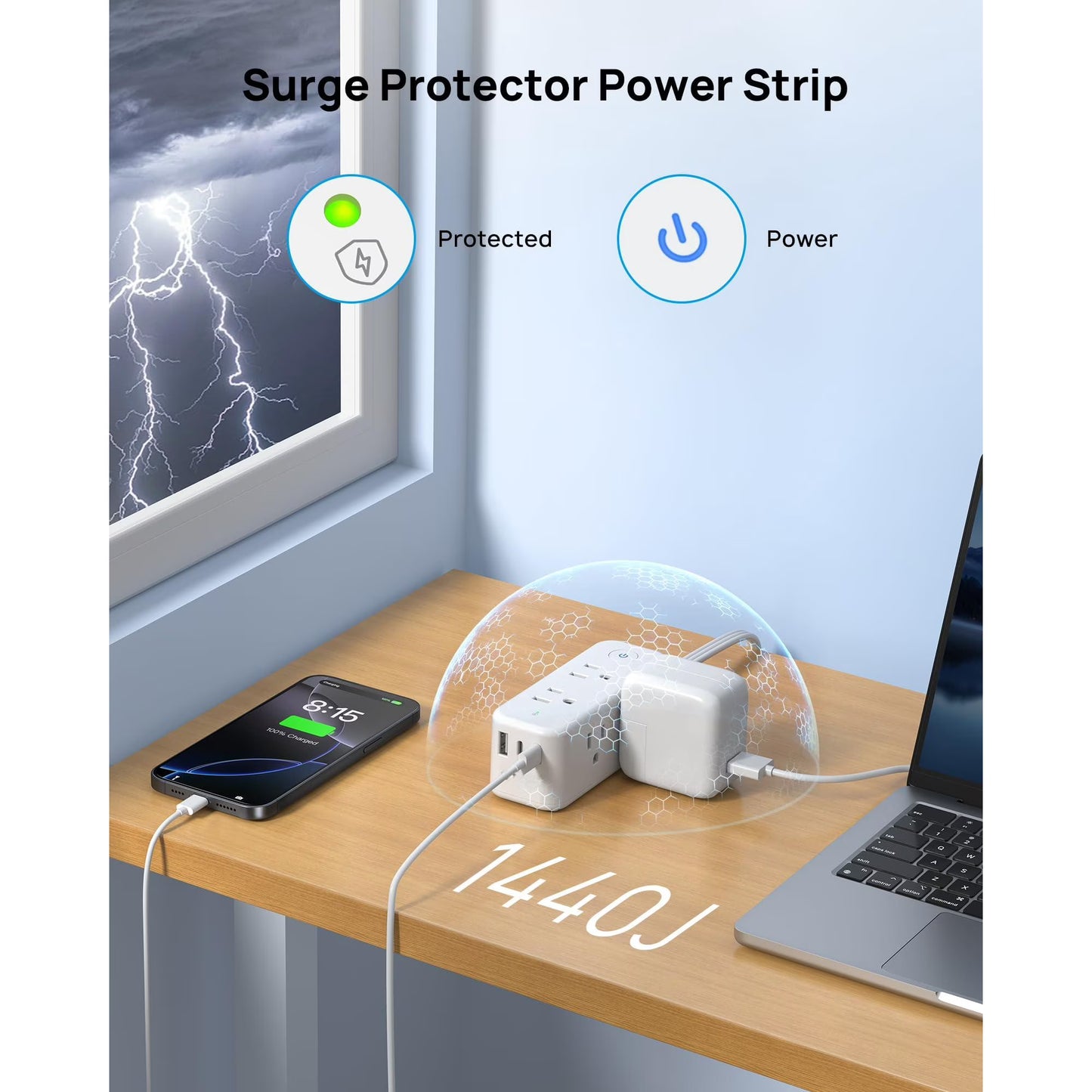Avoben 360° rotating flat plug power strip with 6 widely spaced sockets, 2 USB-C ports and 1 USB-A port, 1440J surge protector, 5-foot extension cord, suitable for home, travel and office(Pack of 2)