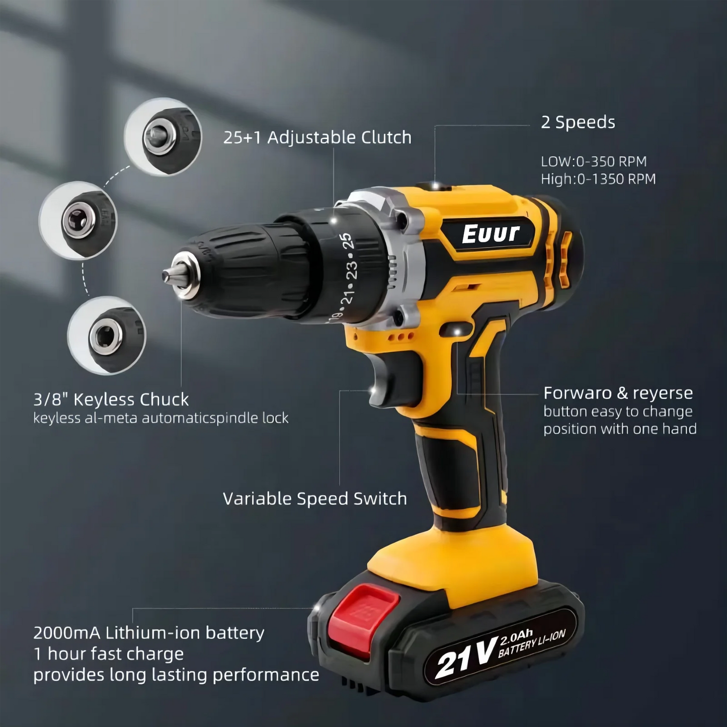 Cordless Drill, 21V Power Drill Set with 2Ah Battery, 3/8"Keyless Chuck, 25+1 Position Electric Drill, 2-Speed Transmission For Screwdriving And Drilling, Yellow
