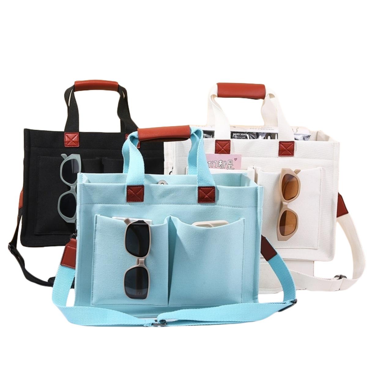 EHIW Tote Bag for Women With Compartments,Large Canvas Tote Women's Purse Crossbody Bags Work Laptop Book Bag Satchels Handbags,White