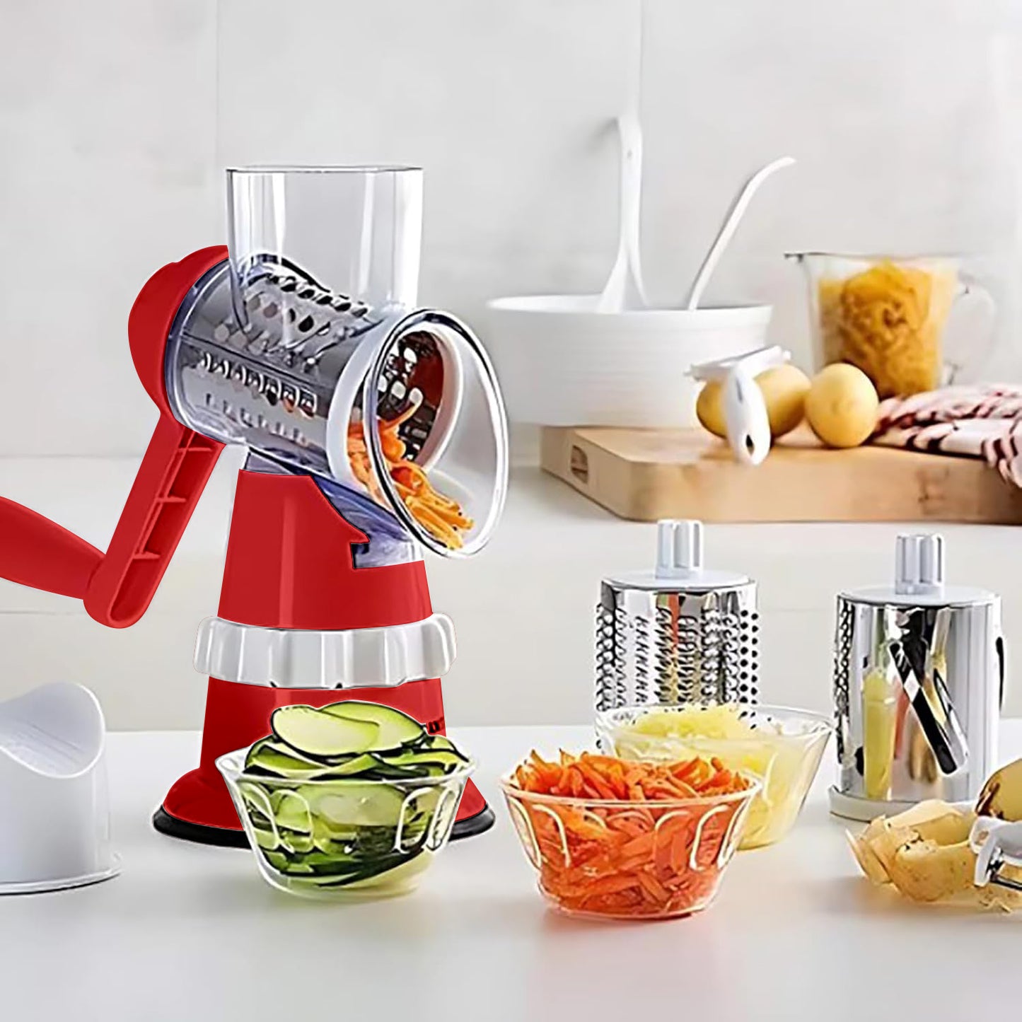 Rotary Cheese Grater, Kitchen Mandoline Vegetable Slicer with 3 Interchangeable Blades, Easy to Clean Grater for Fruit, Vegetables, Nuts