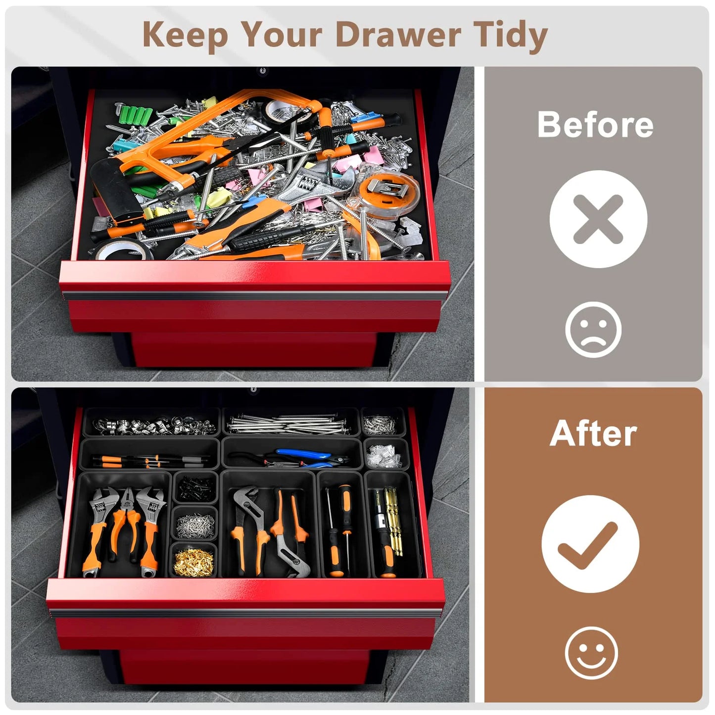 OHHSUN 32PCS Tool Box Organizer Tray Divider Set, Desk Drawer Organizer, Garage Organization and Storage Toolbox Accessories for Rolling Tool Chest Cart Cabinet Work Bench Small Parts