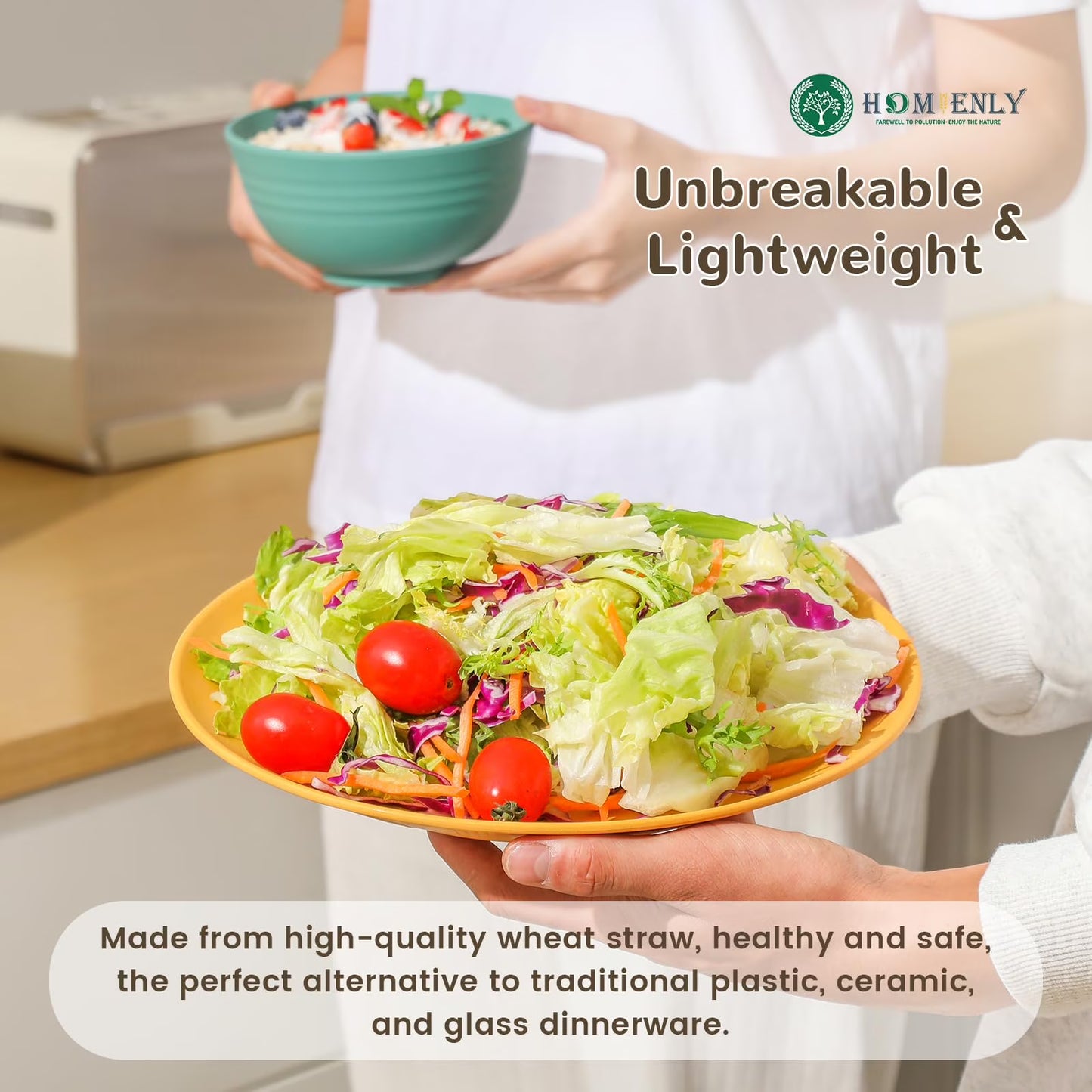 YILUSH 44-Piece Premium Wheat Straw Dinnerware Sets, Service for 8, Unbreakable Plates and Bowls Set - Cups Sets, Dinner Plates, Bowls for Kitchen,Dishwasher and Microwave Safe Dishes Set - Multi
