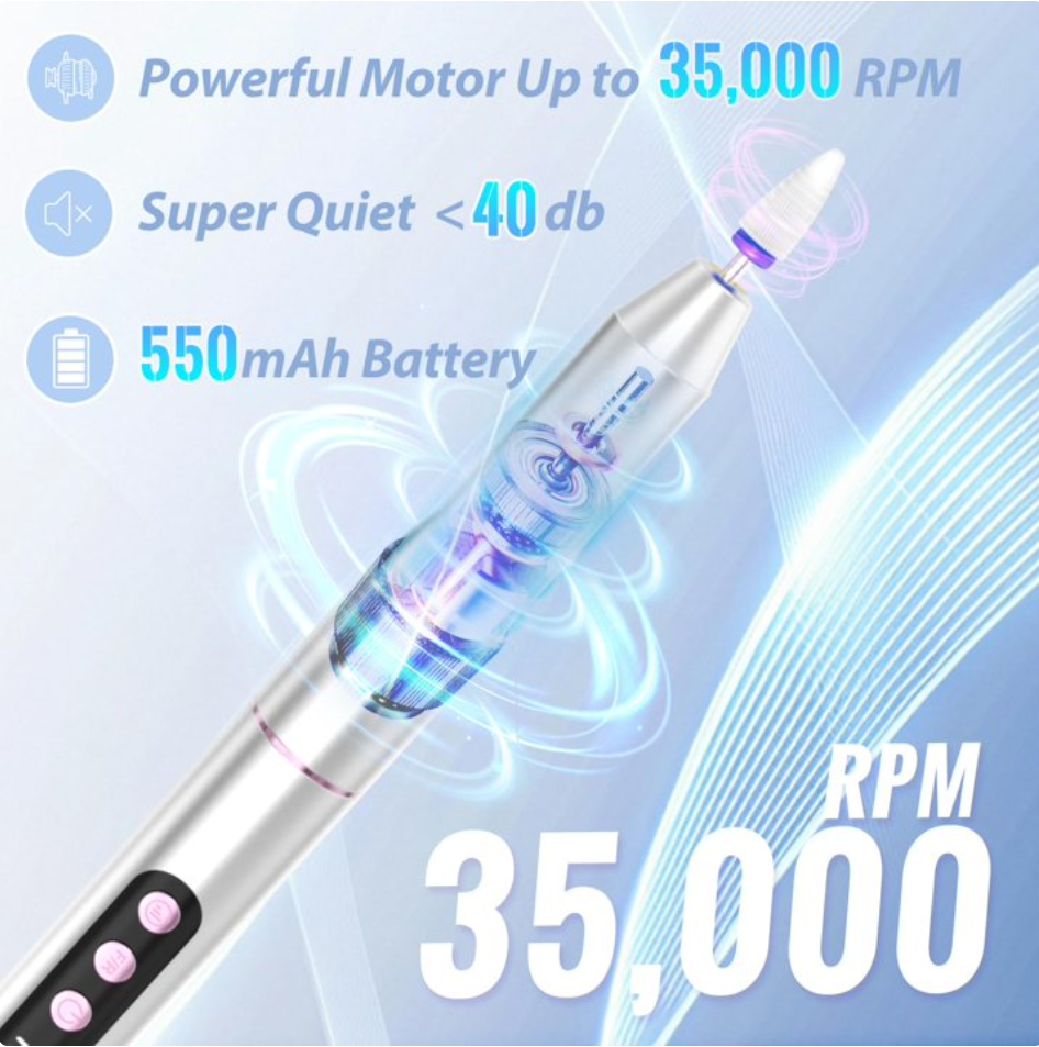 Cordless Electric Nail Drill File: 35000RPM Professional Nail Drill Machine with UV LED Nail Lamp Charging Base, Manicure Pedicure Kit E File for Acrylic Gel Dip Powder Polish Silver