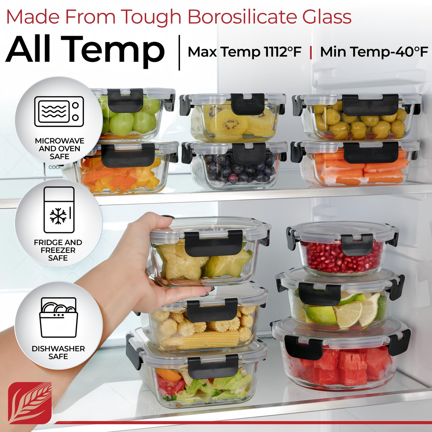 36pcs Glass Food Storage Containers with Lids Set, Airtight Meal Prep Containers (18 Containers & 18 Lids), Black