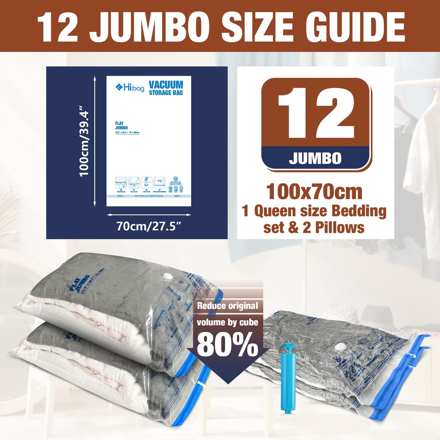 20 Pack Vacuum Storage Bags, Space Saver Bags (4 Jumbo/4 Large/4 Medium/4 Small/4 Roll) Compression for Comforters and Blankets, Pillow, Bedding, Sealer Clothes Storage