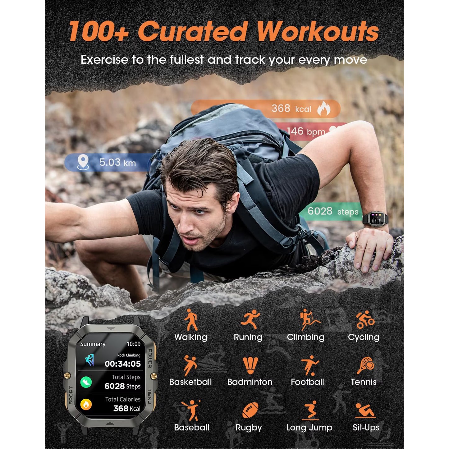 The C28 military smartwatch (can make/receive calls) is a 2.02-inch fitness smartwatch compatible with Android and Apple systems. It is a waterproof fitness tracker with body metrics/sleep monitoring