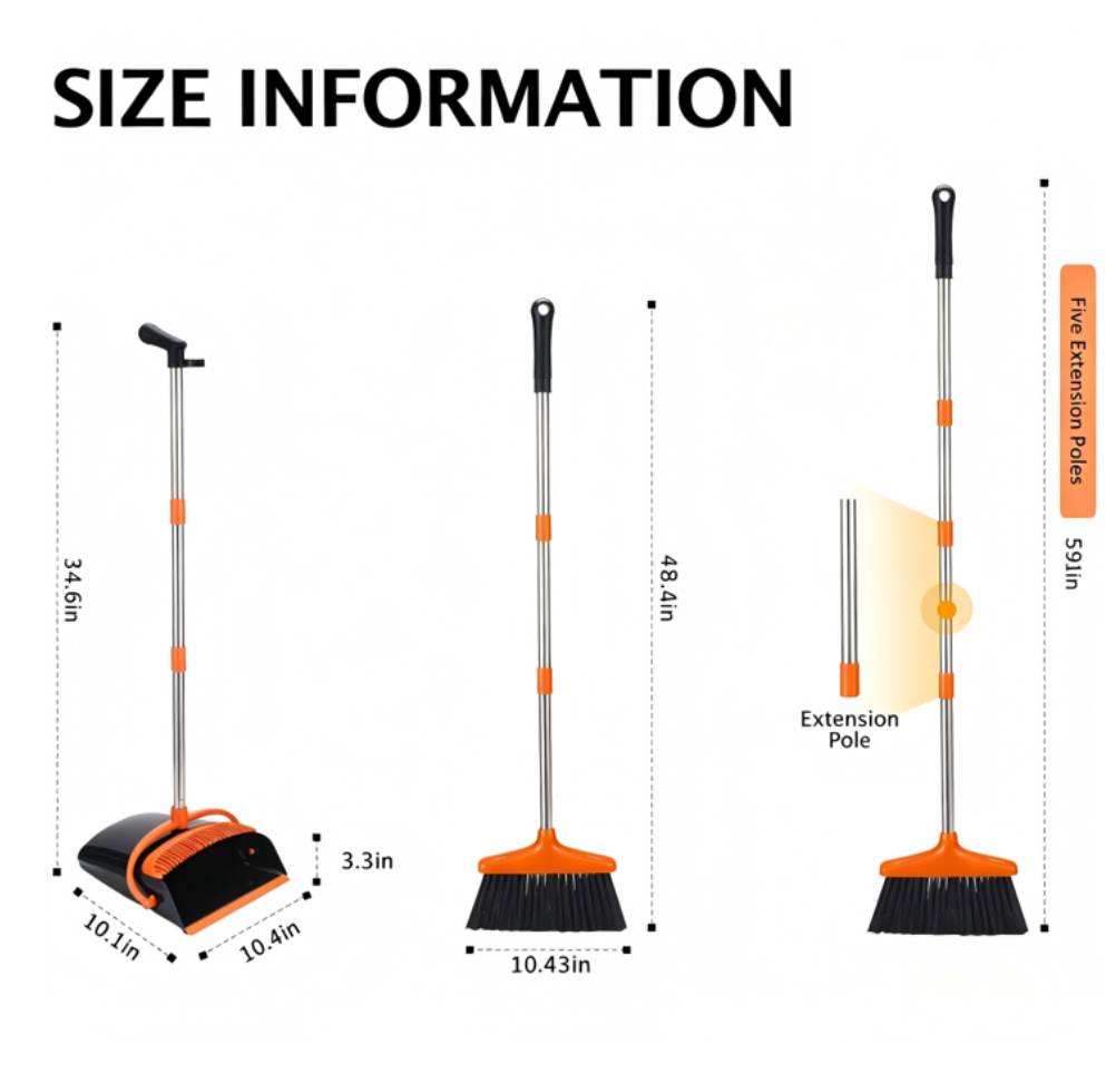 Upgrade Broom and Dustpan Set, Self-Cleaning with Dustpan Teeth, Indoor&Outdoor Sweeping, Ideal for Dog Cat Pets Home Use, Stand Up Broom and Dustpan (Gray&Orange)