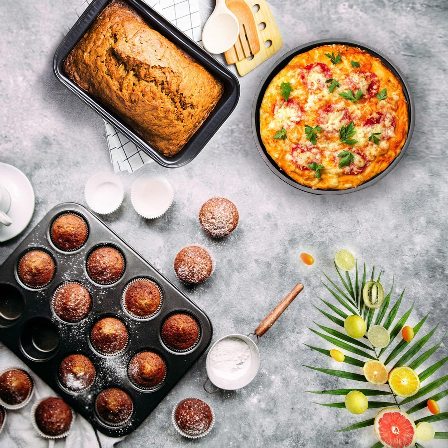 6 Pieces Bakeware Sets, Baking Pans Set, Nonstick Oven Pan for Kitchen with Wider Grips with Square Cake Pan, Loaf Pan, Muffin Pan, Cookie Sheet, 2 Pizza Pans