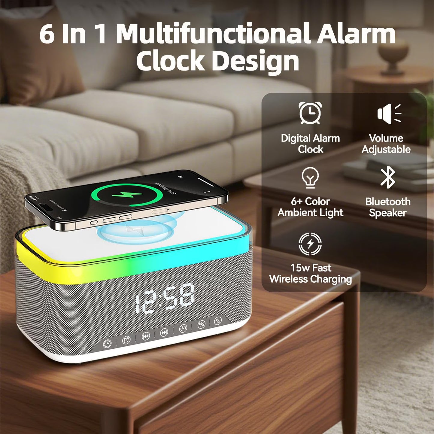 The DreamSky wooden digital alarm clock features wireless charging and is suitable for bedrooms and bedside tables. It comes with a charging dock, USB port, and large digital display.