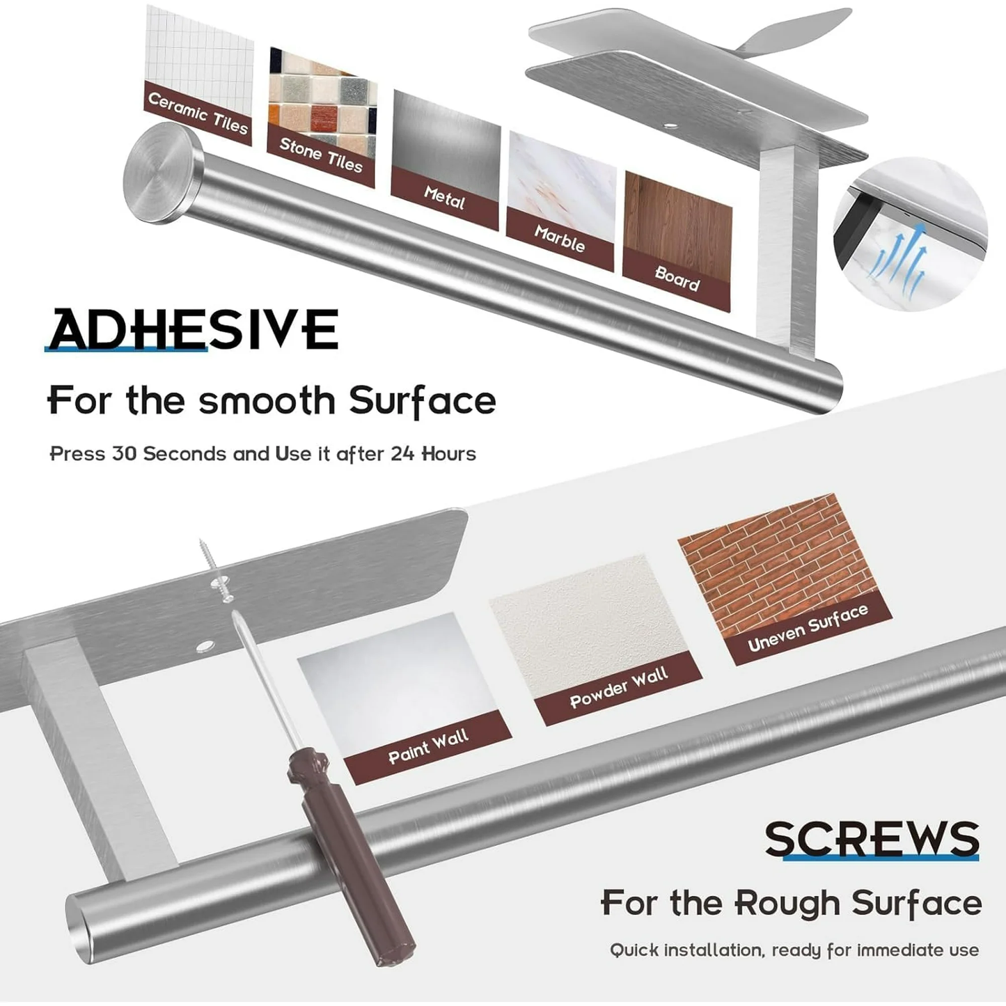 Paper Towel Holders for Kitchen,Paper Towels Bulk- Self-Adhesive Under Cabinet,Both Available in Adhesive and Screws,Stainless Steel，2 Pack