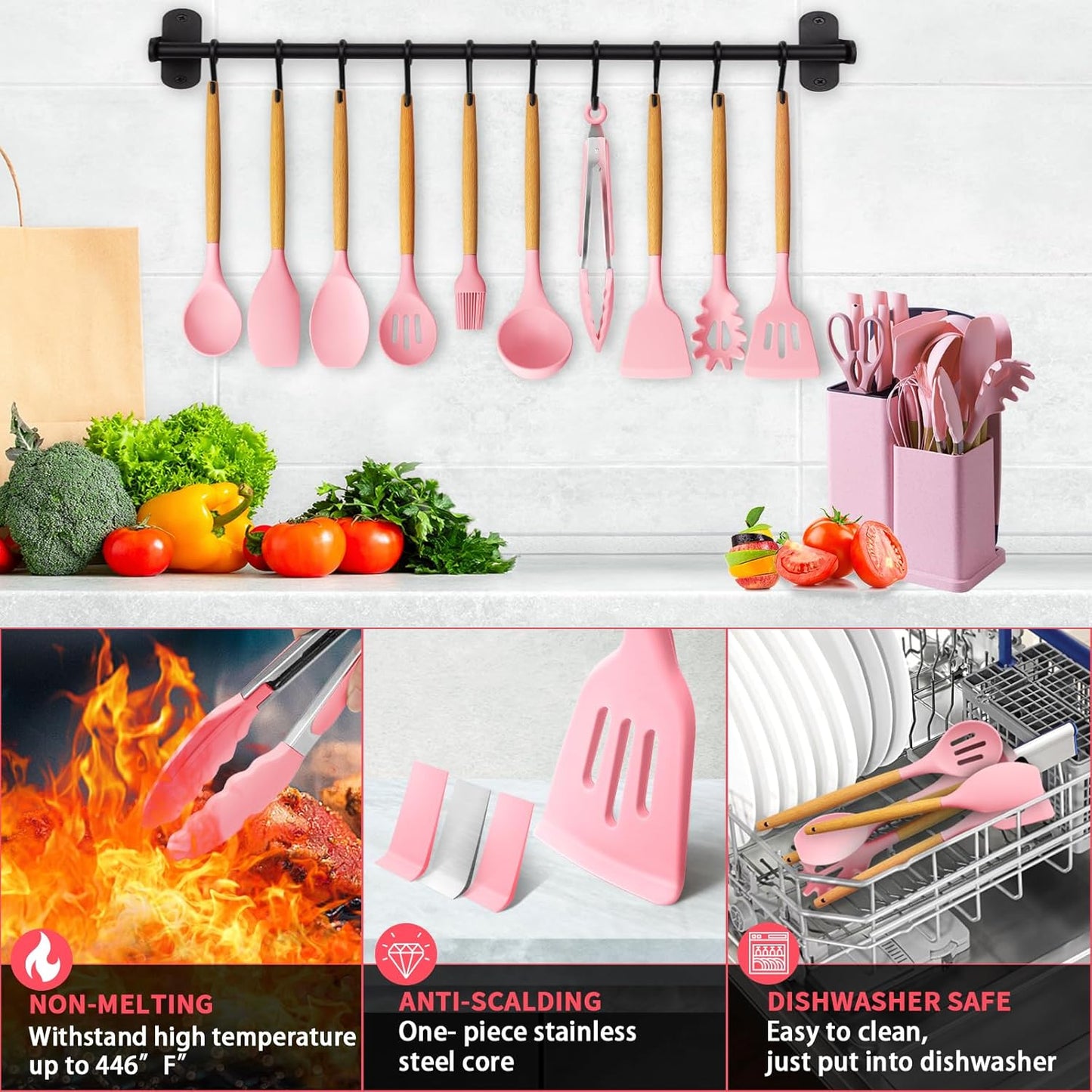 Kitchen Utensils Set- 19 Pcs Silicone Cooking Utensils Set for Nonstick Cookware-Silicone Spatulas Set, Kitchen Gadgets Tools, Pots and Pans Accessories-(Black 19 PCS Set)
