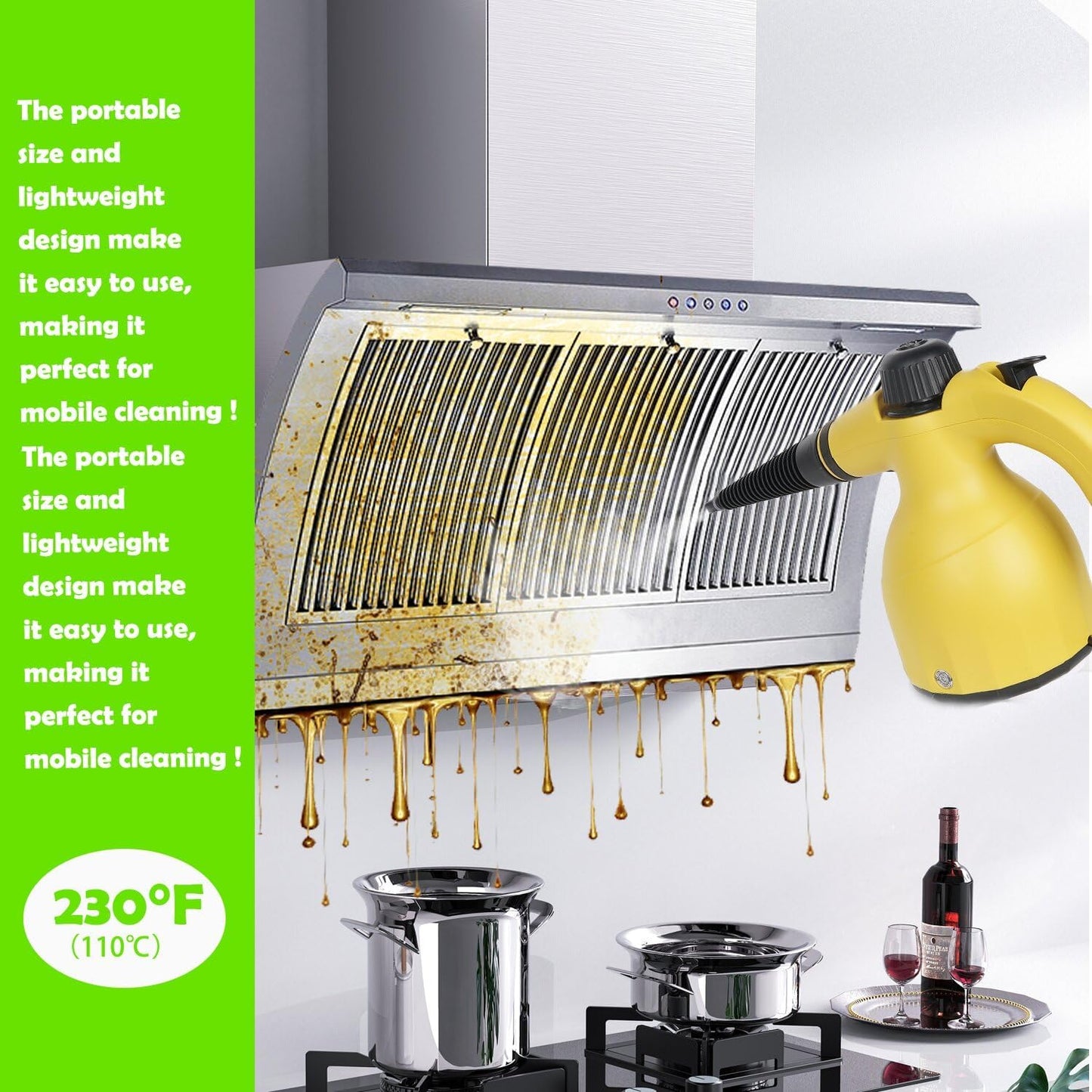 LVL 350ml Handheld Steam Cleaner: Multi-Surface Steamer with 12 PCS Accessories Pressurized Natural Steam Cleaner for Home Cleaning Dirt, Grease, Grout, Tile, Floor, Couch and Car-Yellow