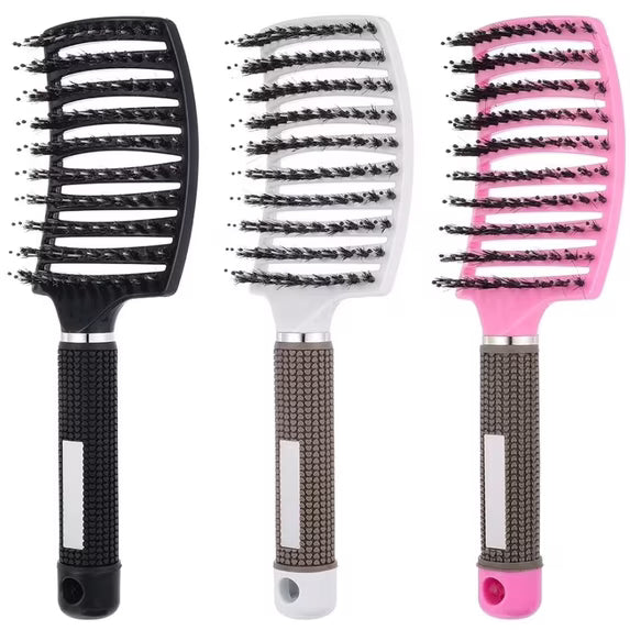 3 Pieces Curved Vented Boar Bristle Hair Brushes,curly hair brushwet brush detangling brush , Long and Curly Hair, 3 Colors: White, Pink, Black