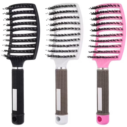 3 Pieces Curved Vented Boar Bristle Hair Brushes,curly hair brushwet brush detangling brush , Long and Curly Hair, 3 Colors: White, Pink, Black