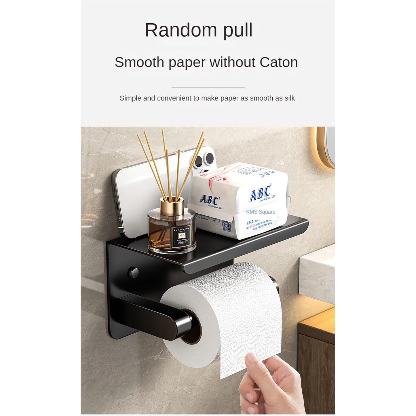 Carestrong Self Adhesive Toilet Paper Holder with Phone Shelf Stainless Steel Wall Mounted Paper Towel Holder - Rustproof and Bathroom Washroom Tissue Roll Holder with Shelf - Black
