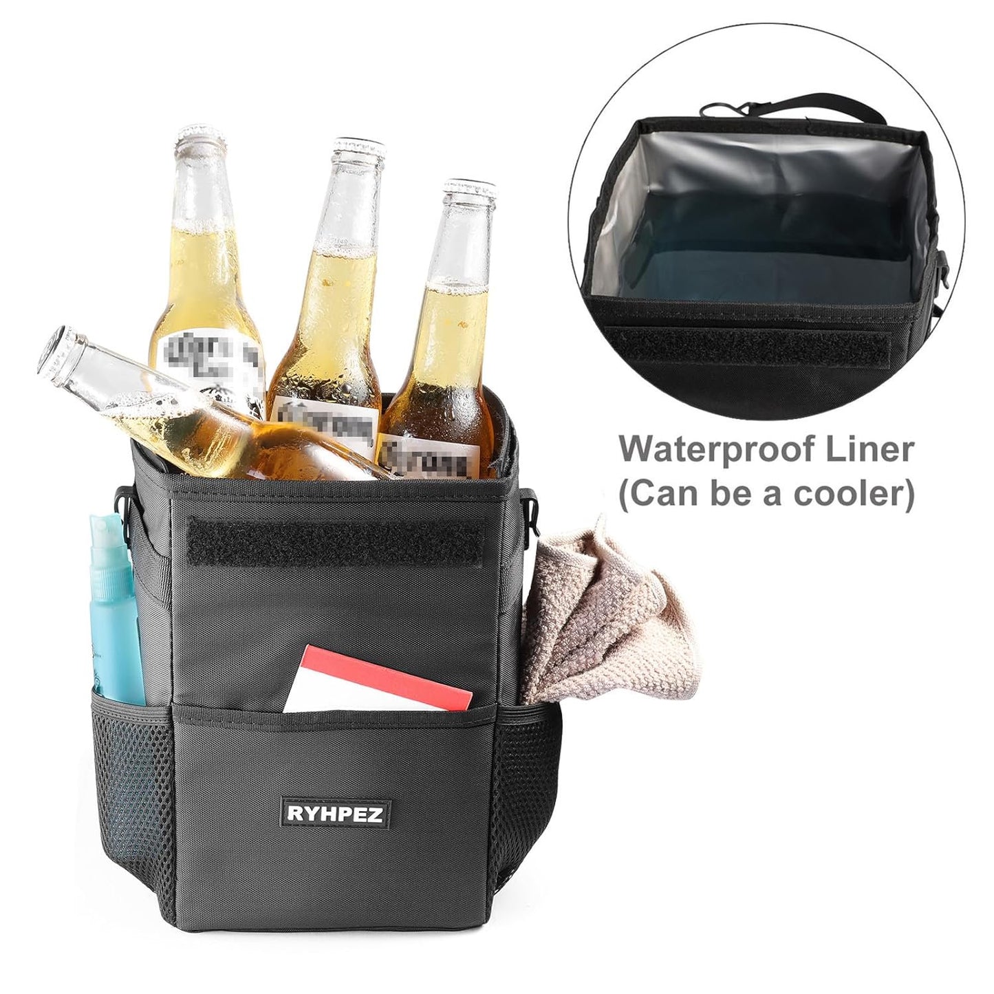 Mikhai Car Trash Can with Lid and Storage Pockets - Leak-Proof Organizer, Waterproof Car Accessories, Multipurpose Car Garbage Can, 2 Gallons, Black
