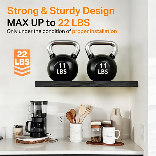 16 inch 3 Pack Wood Floating Shelves, Hanging Float Shelf for Bathroom, Bedroom, Living Room, Kitchen with 22lbs Capacity, Wall Mounted Decorative Shelves, 16 x 5.8 x0.6 Inch, Set of 3, Black