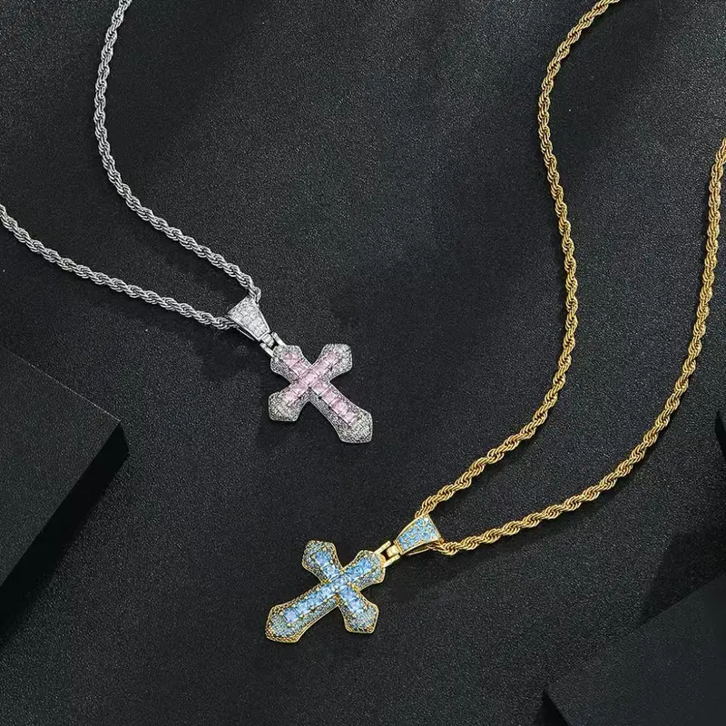EHIW Crystal Cross Pendant Necklace, Blue Zircon Stones, Silver Chain, 24 Inches