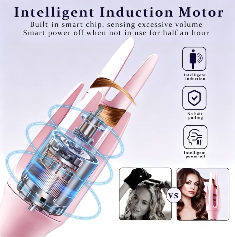 Auto Hair Curler, Automatic Curling Iron with 4 Temperature Settings, 30s Fast Heat, Anti-Tangle & Anti-Scald, 60min Auto Shut-Off, Portable, Easy-to-Use, pink
