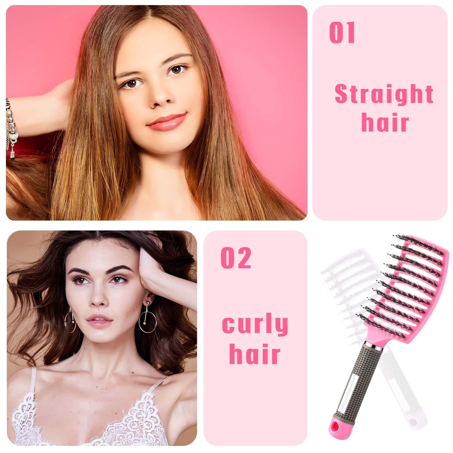 3 Pieces Curved Vented Boar Bristle Hair Brushes,curly hair brushwet brush detangling brush , Long and Curly Hair, 3 Colors: White, Pink, Black