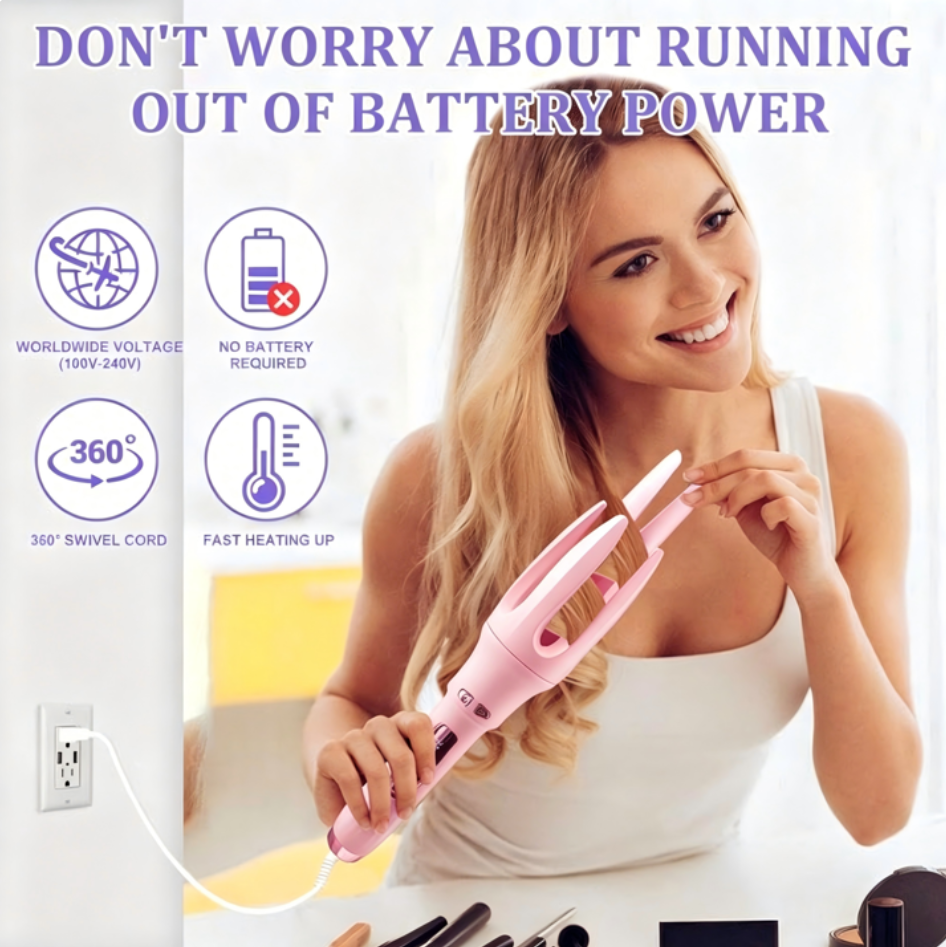 Auto Hair Curler, Automatic Curling Iron with 4 Temperature Settings, 30s Fast Heat, Anti-Tangle & Anti-Scald, 60min Auto Shut-Off, Portable, Easy-to-Use, pink