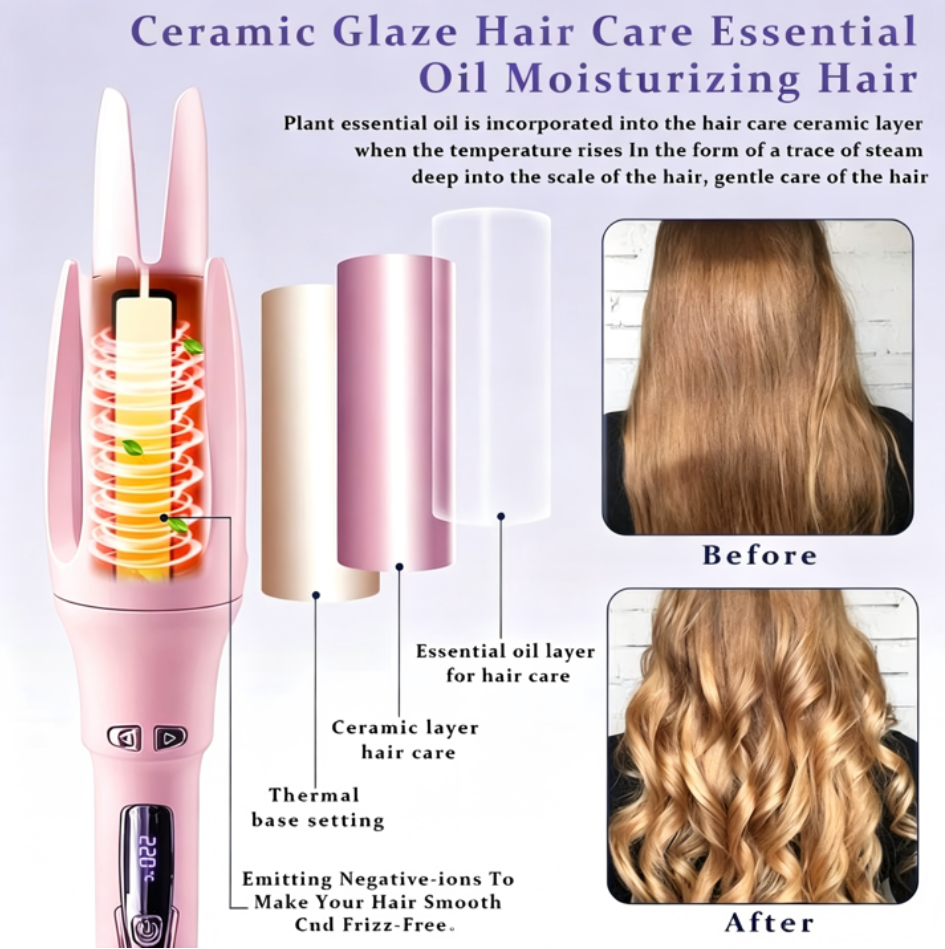 Auto Hair Curler, Automatic Curling Iron with 4 Temperature Settings, 30s Fast Heat, Anti-Tangle & Anti-Scald, 60min Auto Shut-Off, Portable, Easy-to-Use, pink