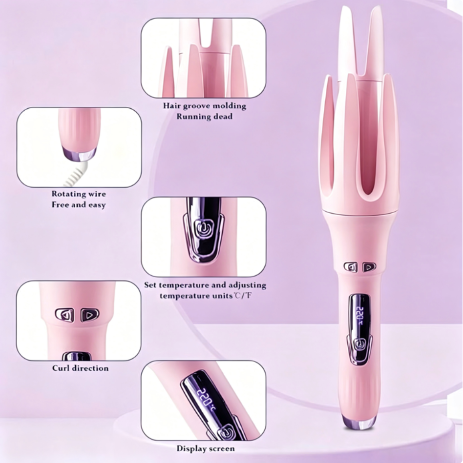 Auto Hair Curler, Automatic Curling Iron with 4 Temperature Settings, 30s Fast Heat, Anti-Tangle & Anti-Scald, 60min Auto Shut-Off, Portable, Easy-to-Use, pink