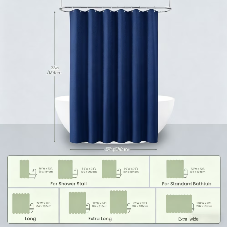 Waffle Textured Heavy Duty Thick Fabric Shower Curtains for Bathroom, 256GSM Luxury Weighted Polyester Cloth Bath Curtain Set with 12 Plastic Hooks，72Wx72H,Blue