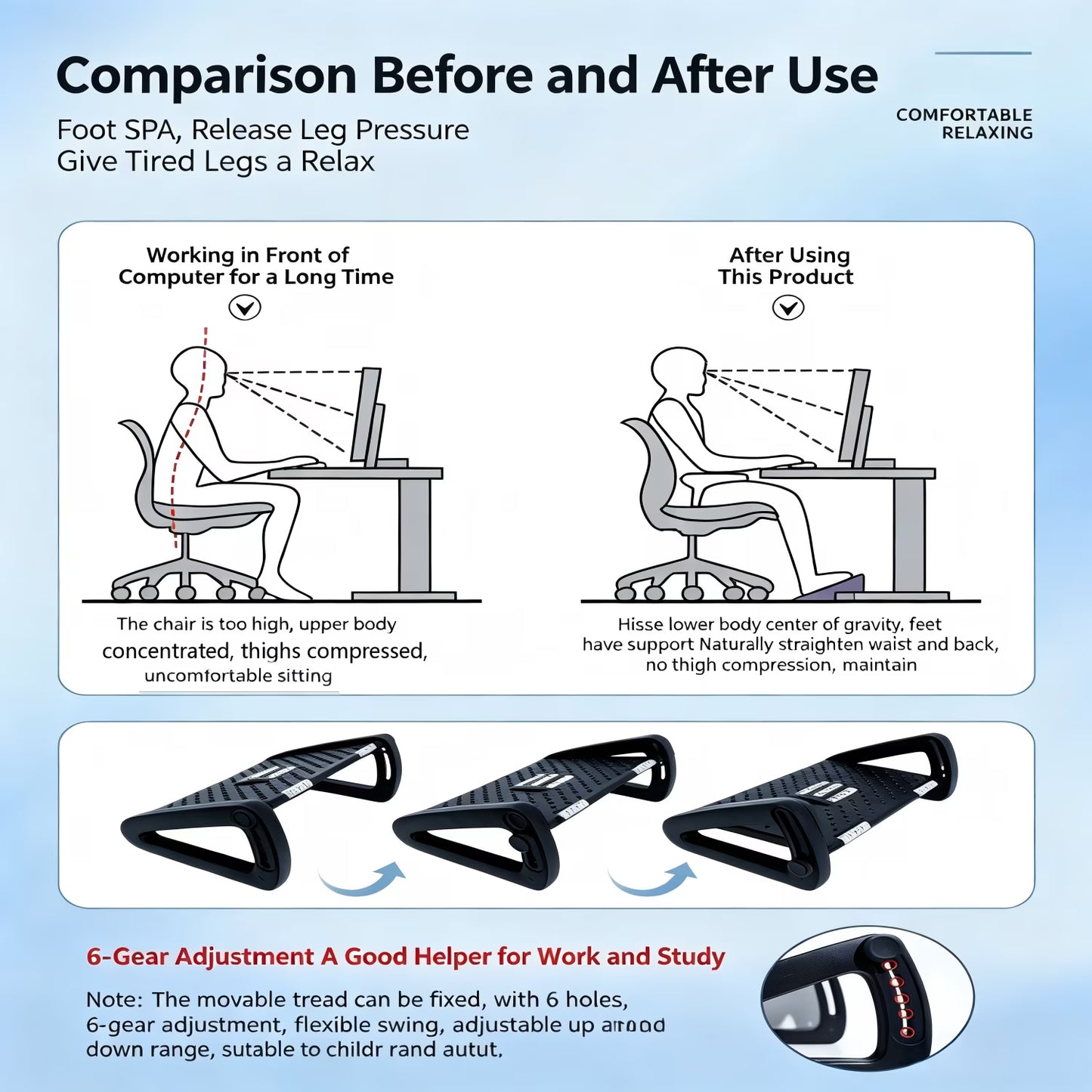 Foot Rest with 6 Adjustable Heights, Anti-Slip Suction Cup Design with Massage Roller, Portable Under Desk Foot Stool for Office, Home, Travel, Black
