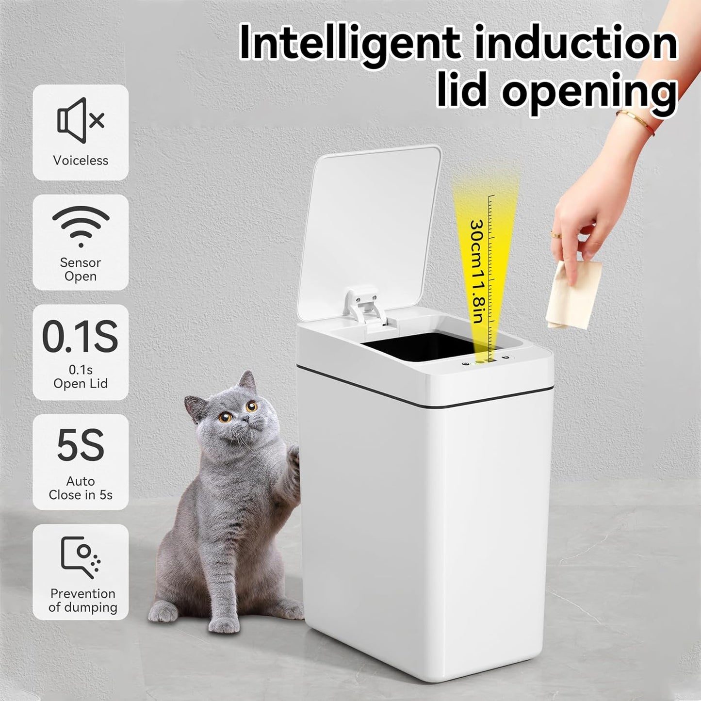 IRINNA Bathroom Small Trash Can with Lid, 2.6 Gallon Touchless Automatic Garbage Can Slim Waterproof Motion Sensor Smart Trash Bin for Bedroom, Office, Kitchen, Living Room (White)