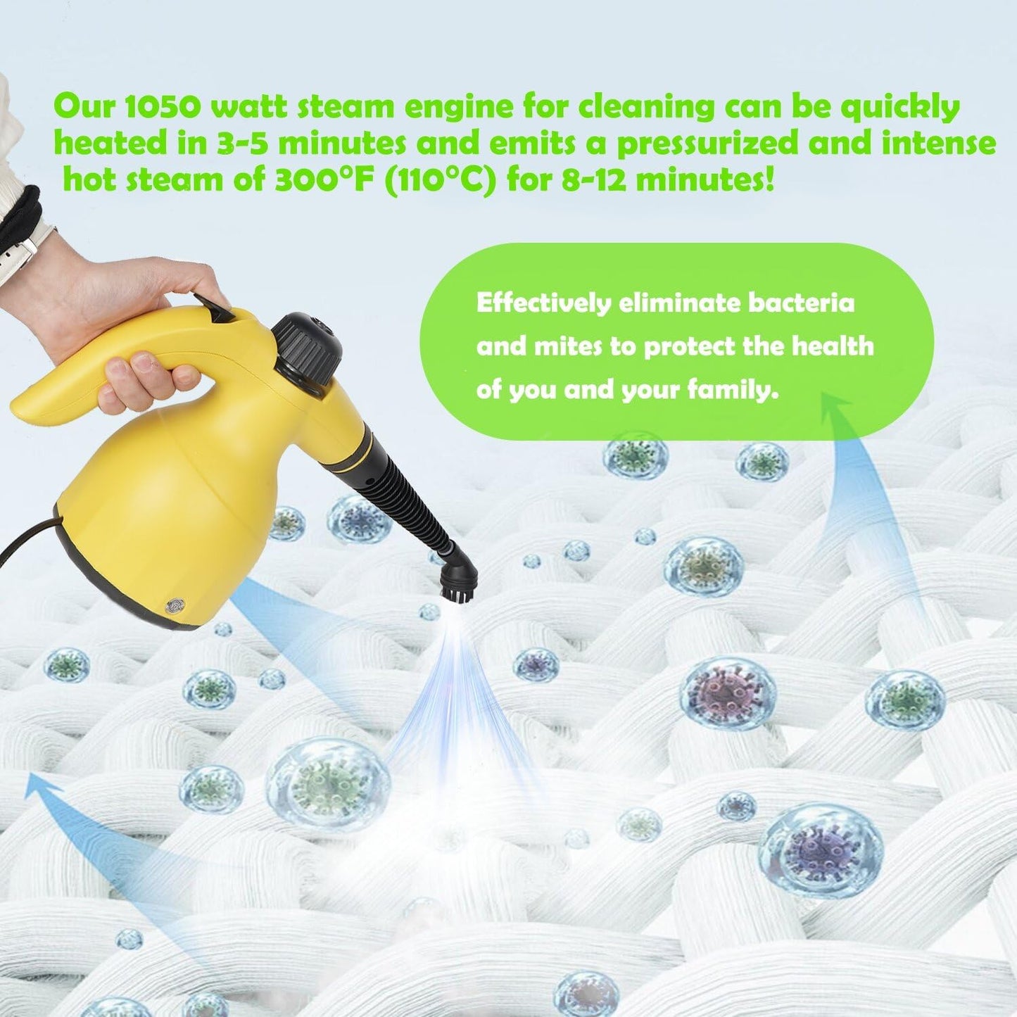 LVL 350ml Handheld Steam Cleaner: Multi-Surface Steamer with 12 PCS Accessories Pressurized Natural Steam Cleaner for Home Cleaning Dirt, Grease, Grout, Tile, Floor, Couch and Car-Yellow