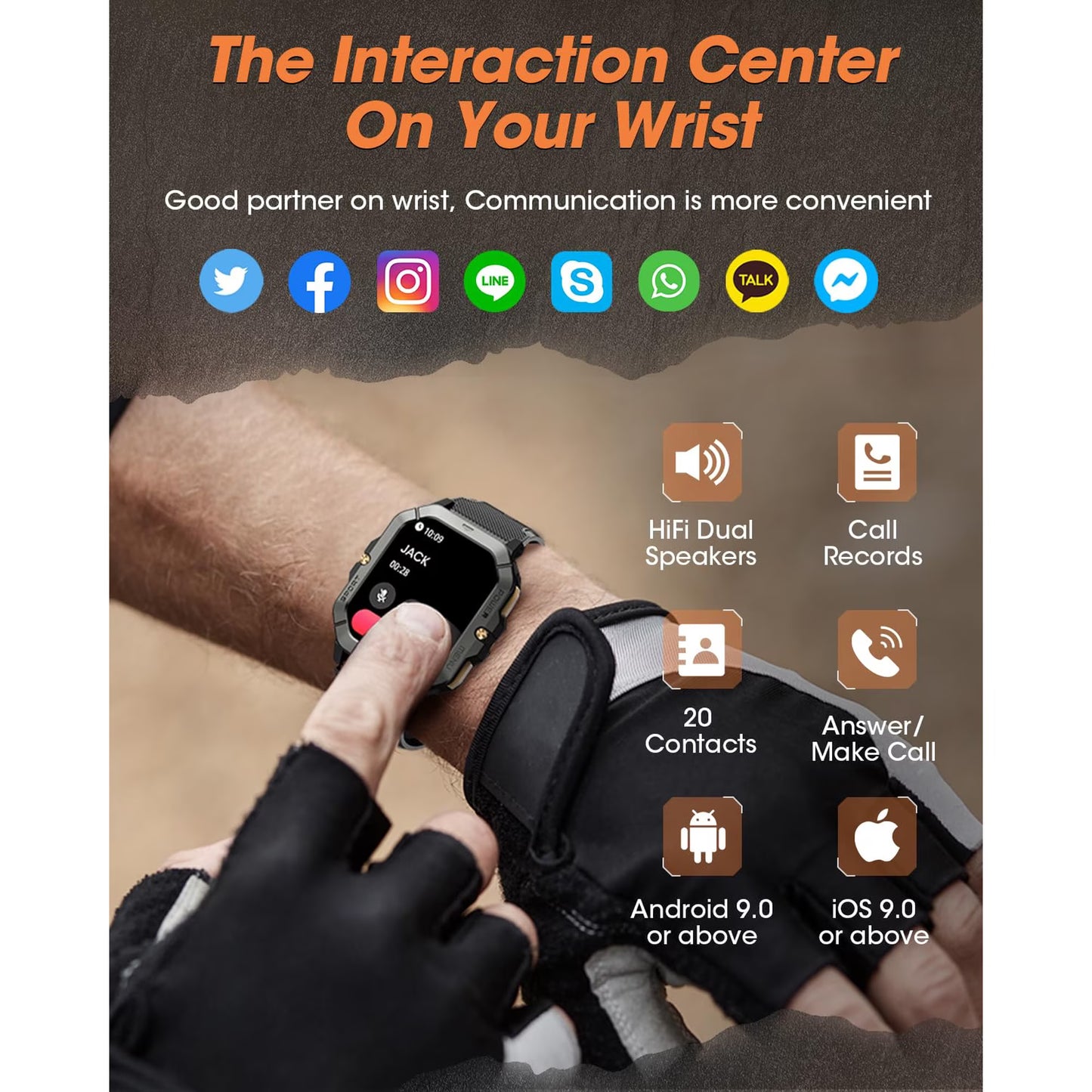 The C28 military smartwatch (can make/receive calls) is a 2.02-inch fitness smartwatch compatible with Android and Apple systems. It is a waterproof fitness tracker with body metrics/sleep monitoring