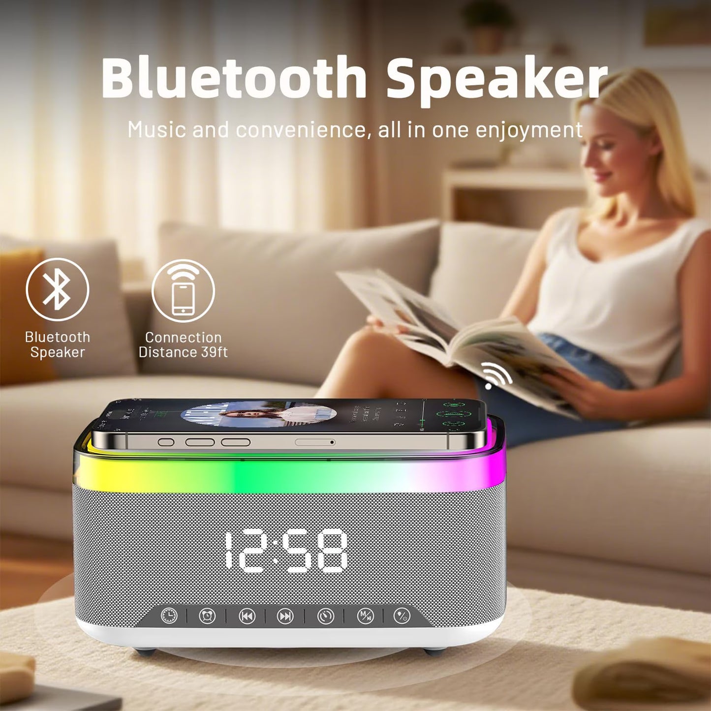 The DreamSky wooden digital alarm clock features wireless charging and is suitable for bedrooms and bedside tables. It comes with a charging dock, USB port, and large digital display.