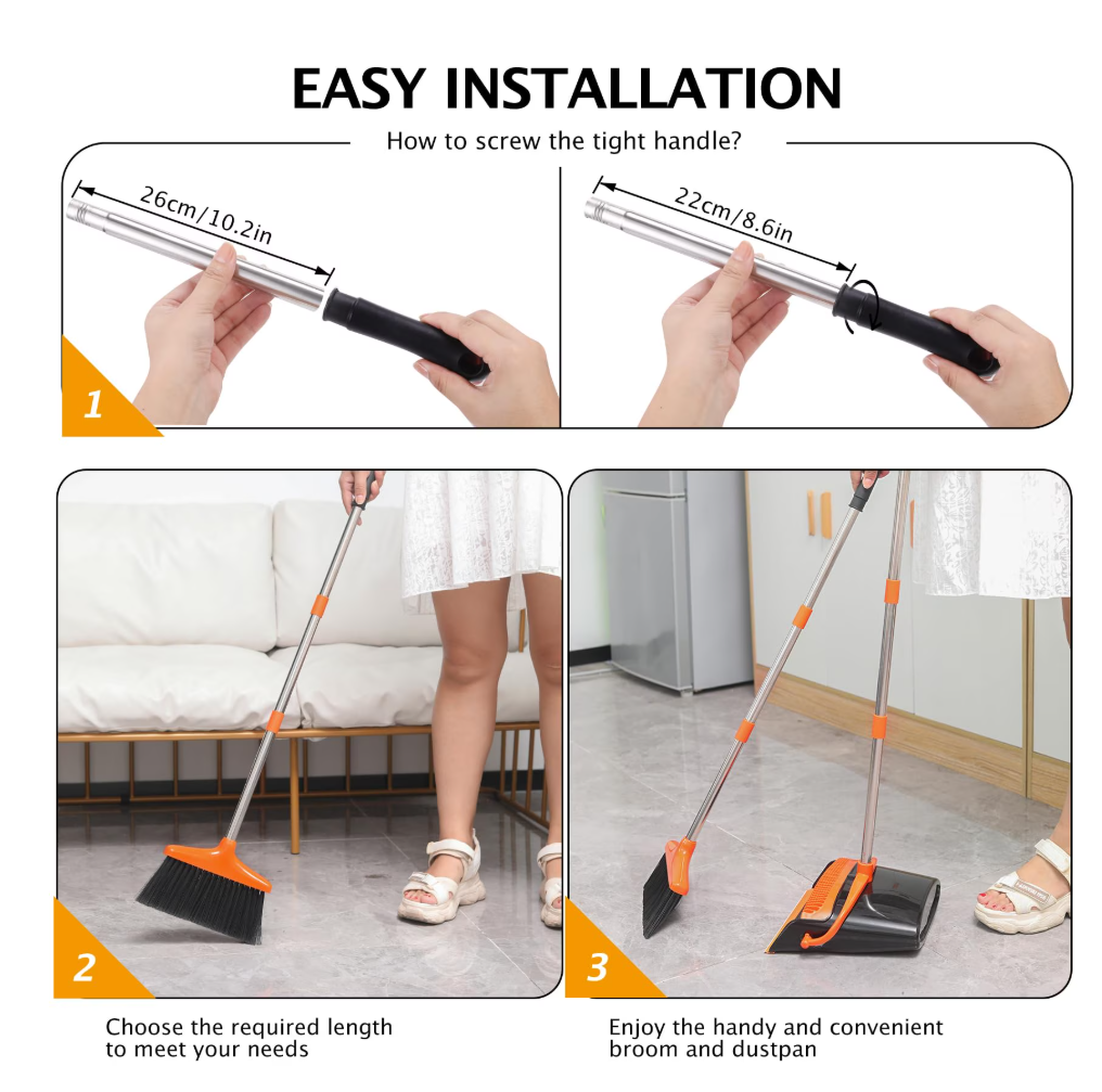 Upgrade Broom and Dustpan Set, Self-Cleaning with Dustpan Teeth, Indoor&Outdoor Sweeping, Ideal for Dog Cat Pets Home Use, Stand Up Broom and Dustpan (Gray&Orange)