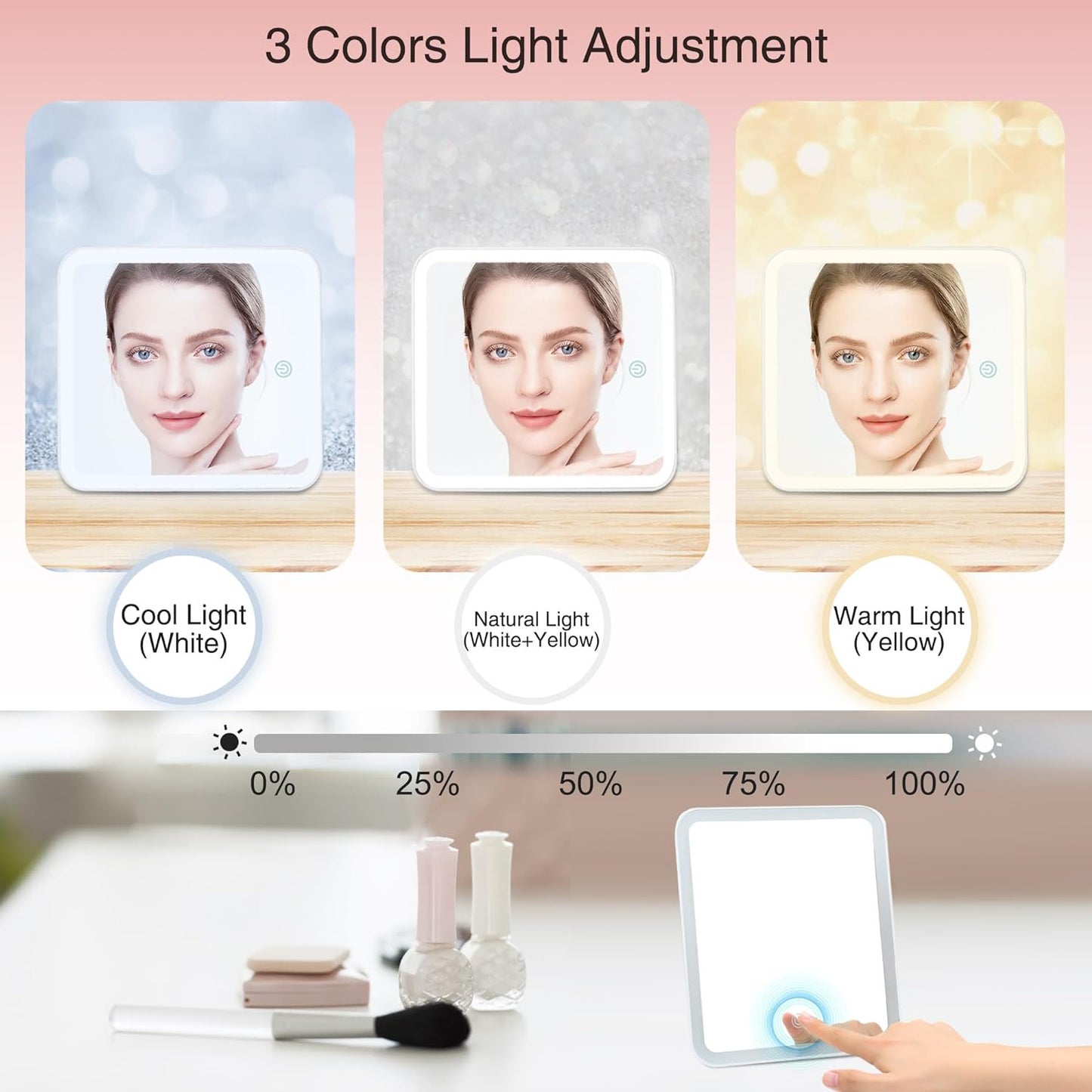 Yzhappy Travel Makeup Bag With LED Mirror, Cosmetic Train Case with Light up Mirror, Portable Makeup Artist Organizer Bag with Adjustable Dividers, Makeup Brush Holder Storage, Pink